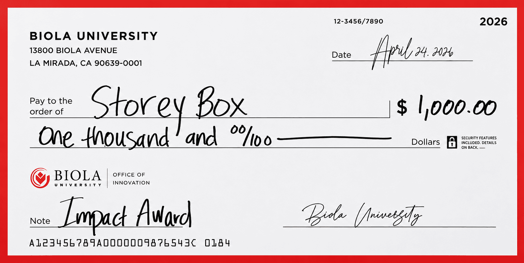 Biola University Impact Award check for storeybox.co for contributing to positive change in the campus community